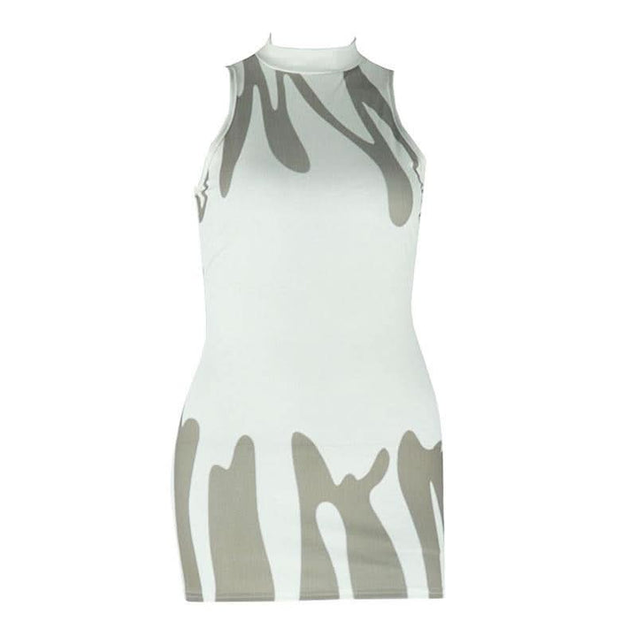 Ribbed self tie crewneck print backless mini dress  | Festival Outfits Women