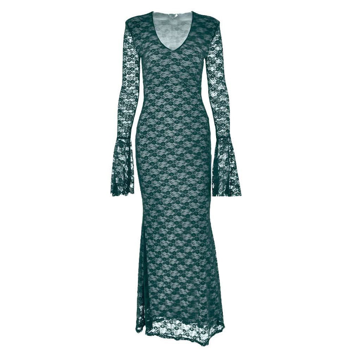 Long flared sleeve lace v neck patchwork maxi dress  | Festival Outfits Women