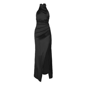 Ruched solid satin zip-up halter backless slit maxi dress-final-sale  | Festival Outfits Women