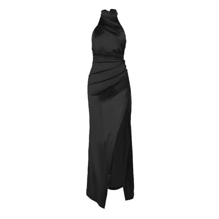 Ruched solid satin zip-up halter backless slit maxi dress-final-sale  | Festival Outfits Women