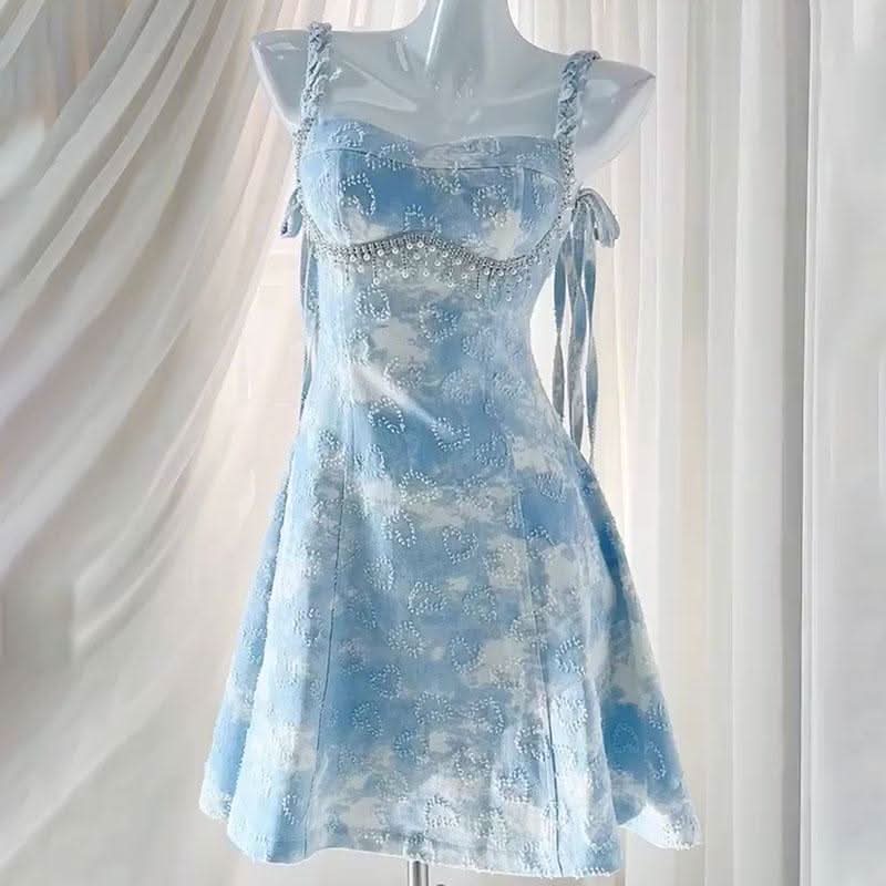 Beaded v neck denim contrast cami mini dress  | Festival Outfits Women