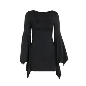 Ruched long flared sleeve v neck solid mini dress  | Festival Outfits Women