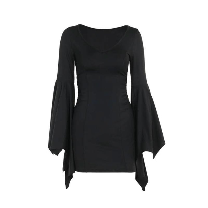 Ruched long flared sleeve v neck solid mini dress  | Festival Outfits Women