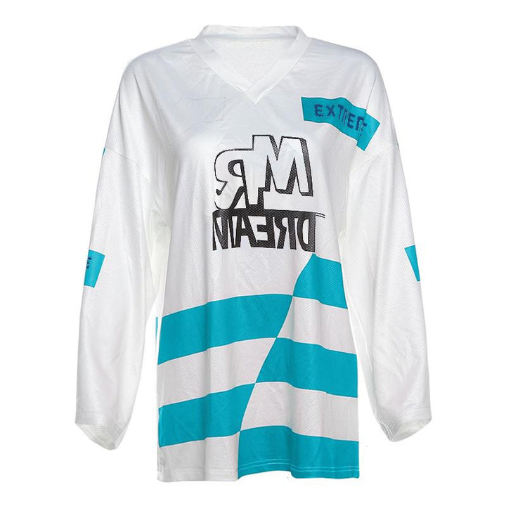 Long sleeve v neck letter print contrast top  | Festival Outfits Women