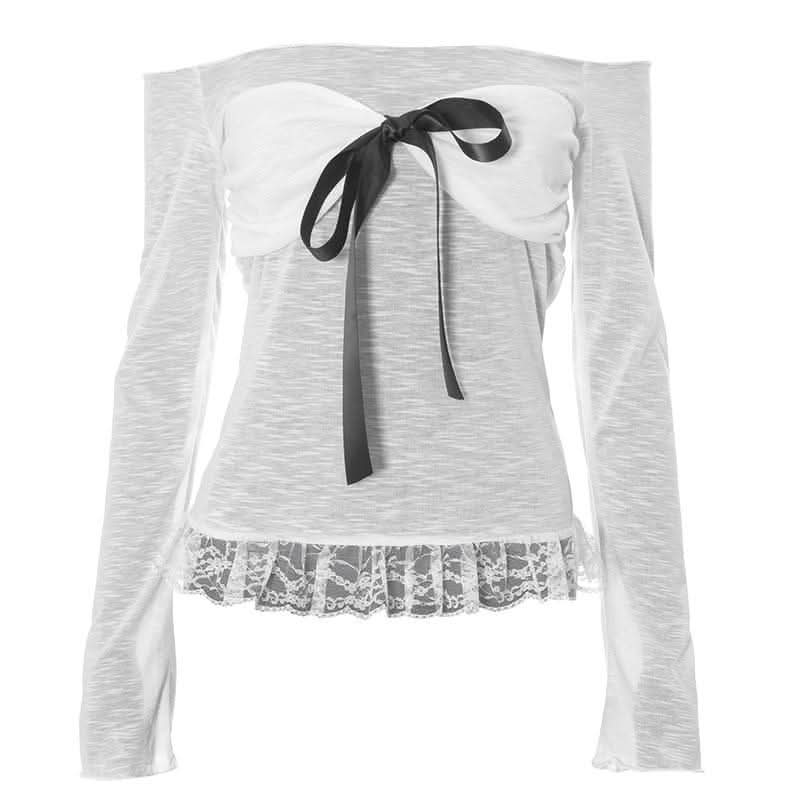 Off shoulder bowknot lace hem mesh long sleeve top-final-sale