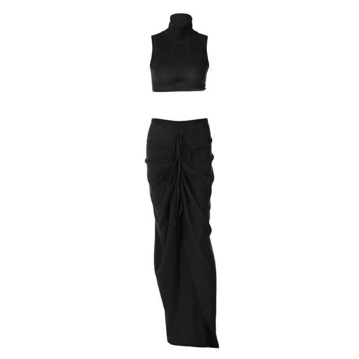 Slit textured sleeveless high neck ruched solid maxi skirt set-final-sale  | Festival Outfits Women