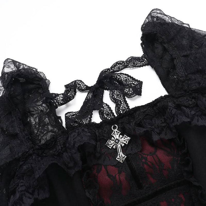 Long sleeve lace hem square neck self tie top-final-sale