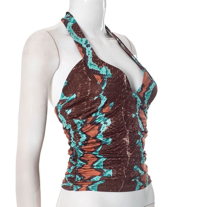 Ruched self tie halter v neck print contrast top  | Festival Outfits Women