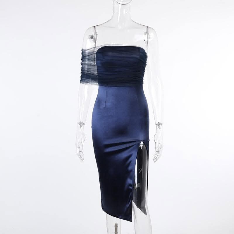 One shoulder irregular mesh ruched slit midi dress-final-sale  | Festival Outfits Women