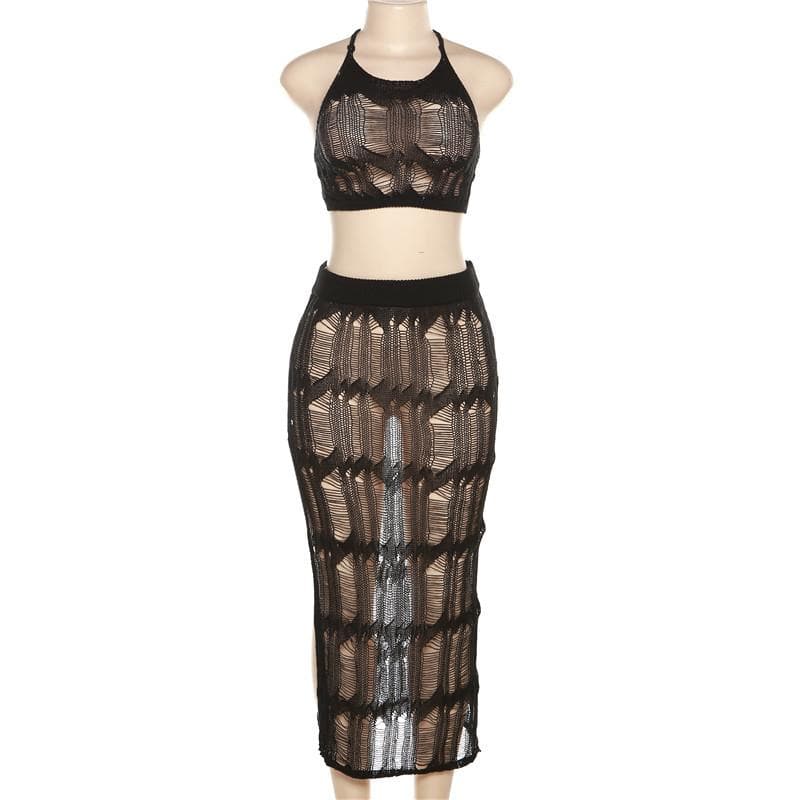 Crochet solid halter self tie see through slit midi skirt set-final-sale  | Festival Outfits Women