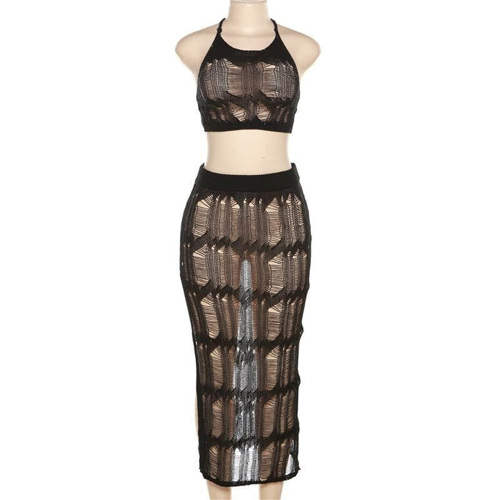 Crochet solid halter self tie see through slit midi skirt set-final-sale  | Festival Outfits Women