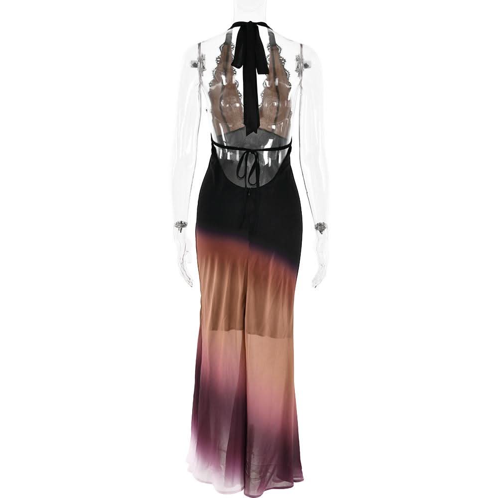 Halter self tie deep V neck gradient lace maxi dress  | Festival Outfits Women