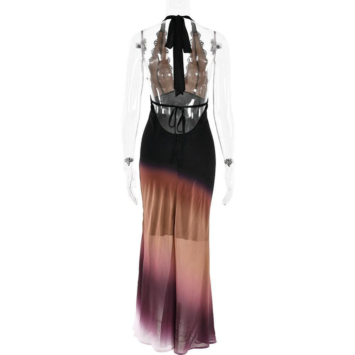 Halter self tie deep V neck gradient lace maxi dress  | Festival Outfits Women