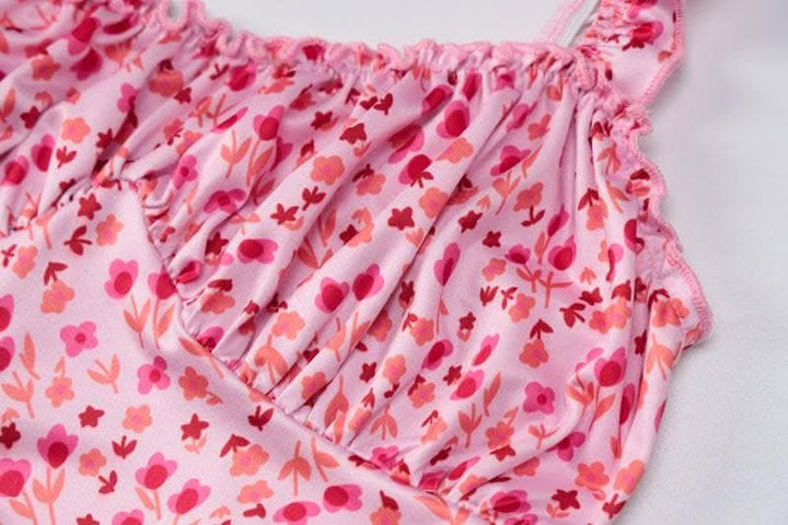 Flowers contrast print ruffle ruched square neck backless cami midi dress-final-sale