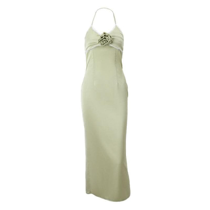 Flower applique zip-up halter ruched slit solid midi dress-final-sale  | Festival Outfits Women