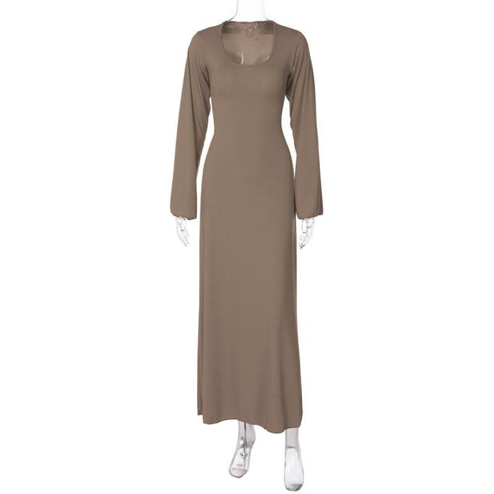 Long sleeve u neck ribbed solid maxi dress  | Festival Outfits Women