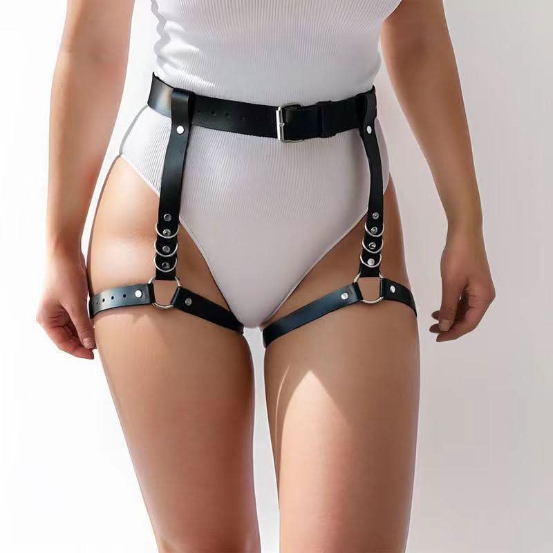 Black o ring PU leather metal chain garter belt  | Festival Outfits Women