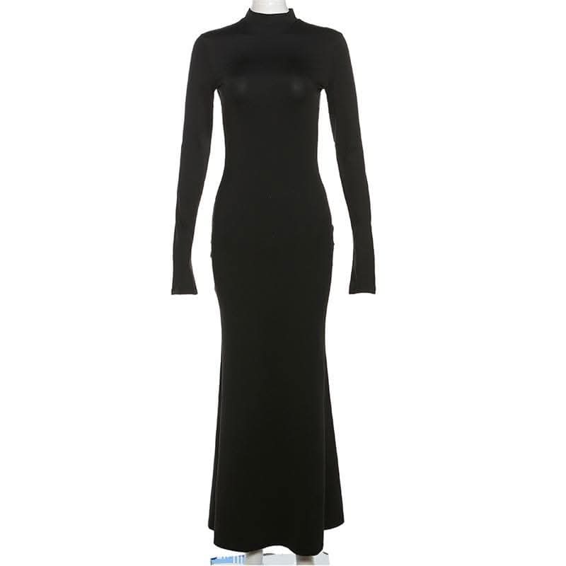 Backless high neck long sleeve solid maxi dress-final-sale  | Festival Outfits Women