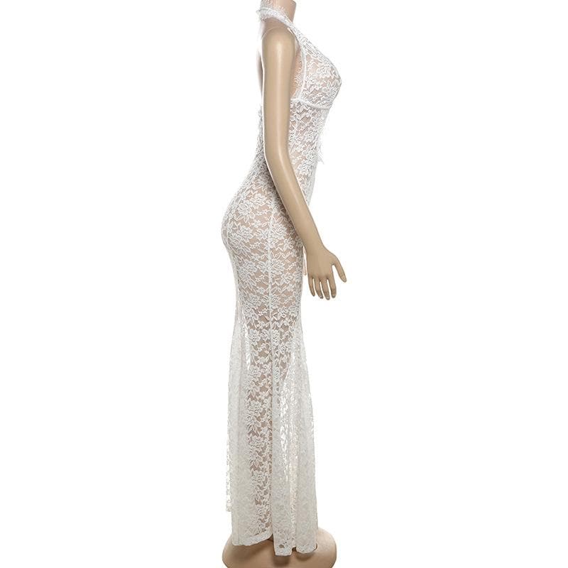 Halter lace see through hollow out cut out maxi dress  | Festival Outfits Women