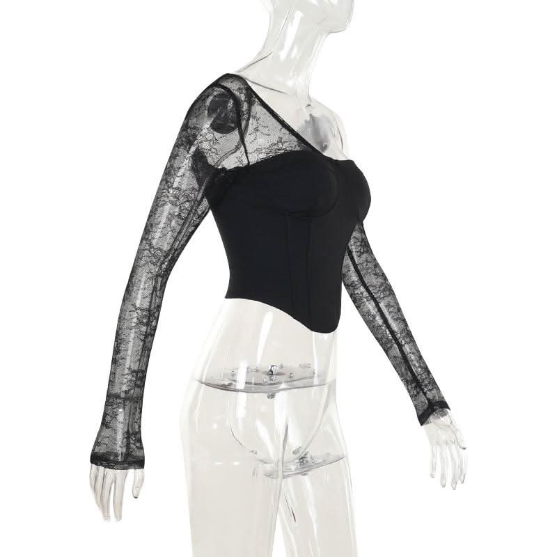 One shoulder long sleeve patchwork lace top  | Festival Outfits Women