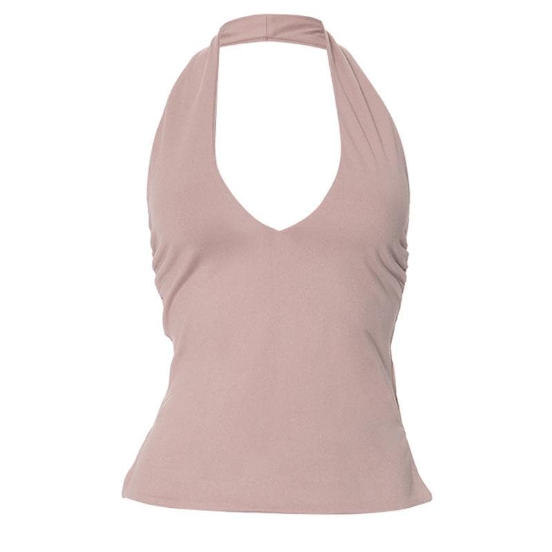 Riga mara baya mara baya ta Halter v wuya mai ruched | Kayan Biki na Mata