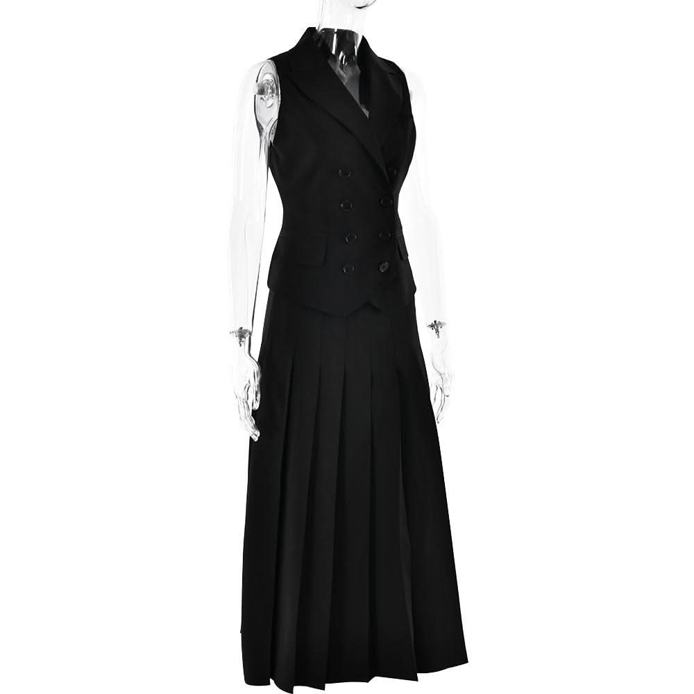Sleeveless turnover collar button pleated maxi skirt set  | Festival Outfits Women