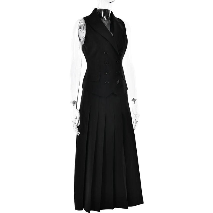 Sleeveless turnover collar button pleated maxi skirt set  | Festival Outfits Women