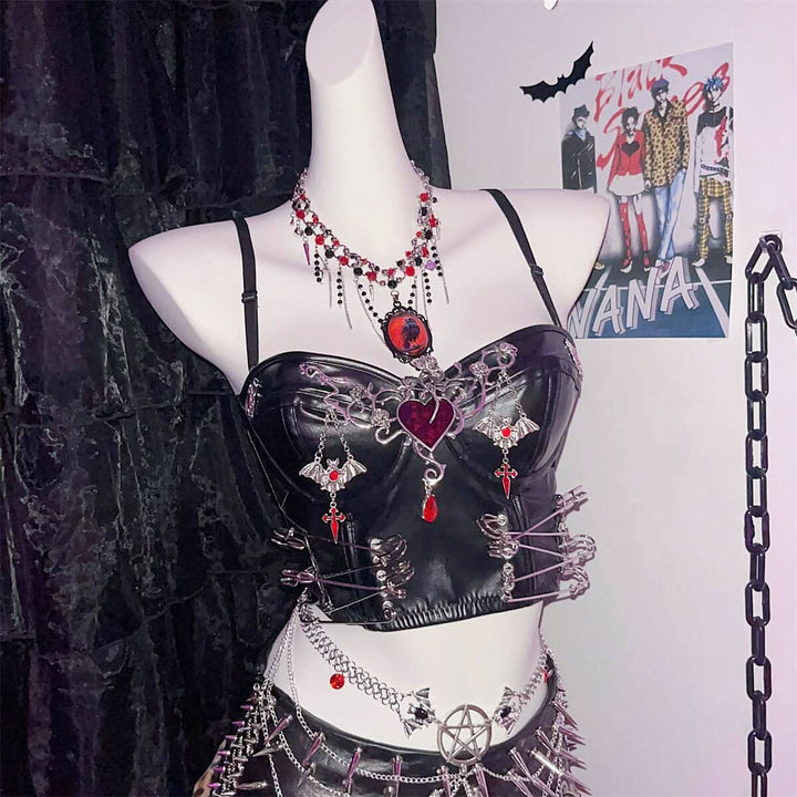 PU leather heart applique v neck backless cami top  | Festival Outfits Women