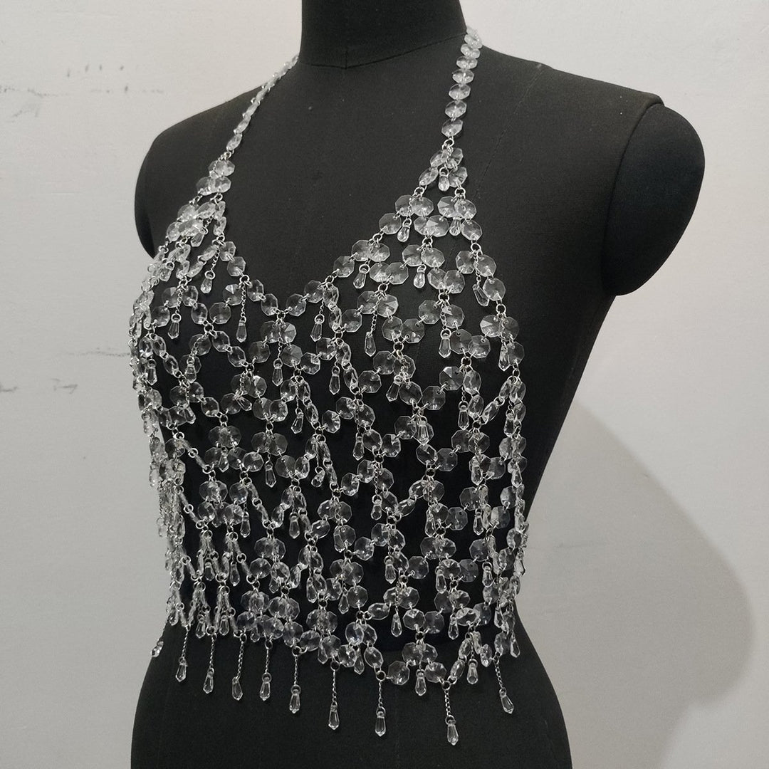 Metal chain plastic crystal halter backless top  | Festival Outfits Women
