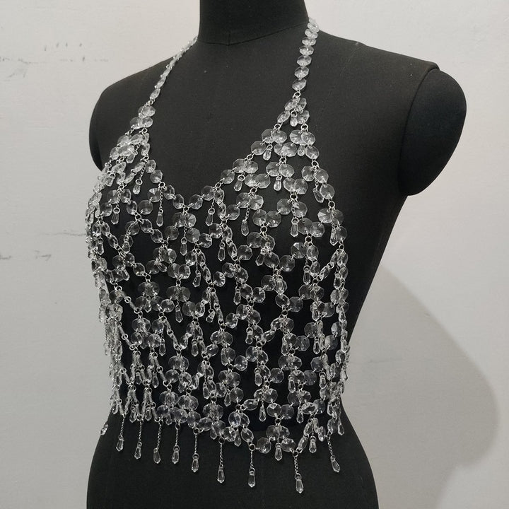 Metal chain plastic crystal halter backless top  | Festival Outfits Women