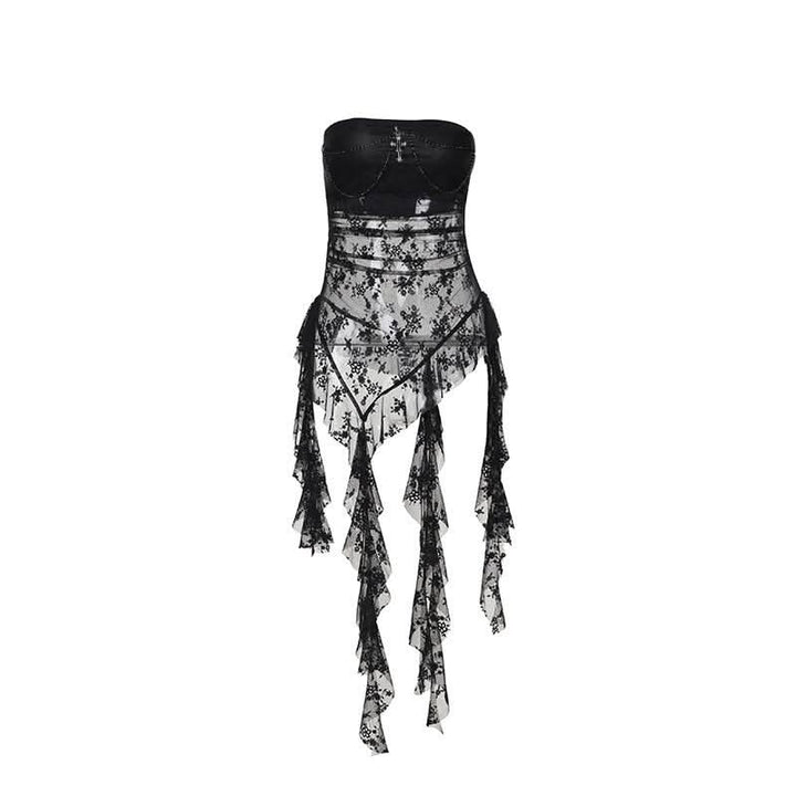 Lace cross applique irregular tube mini dress  | Festival Outfits Women