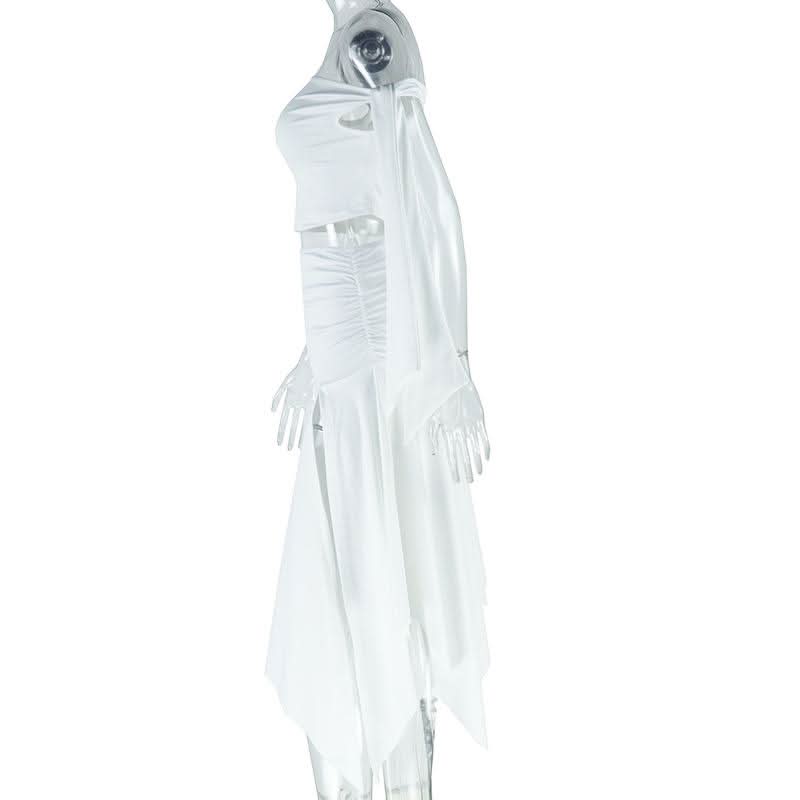 One shoulder knitted ruched slit midi skirt set  | Festival Outfits Women