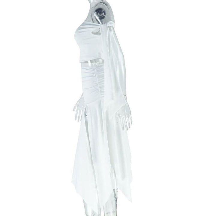 One shoulder knitted ruched slit midi skirt set  | Festival Outfits Women