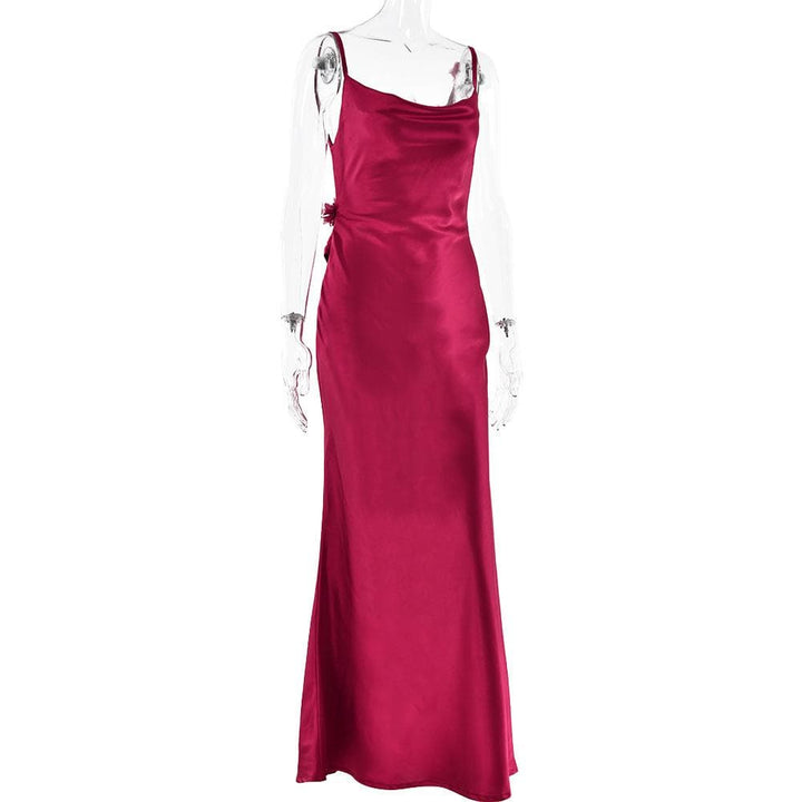 Cowl neck satin flower applique backless cami maxi dress  | Festival Outfits Women