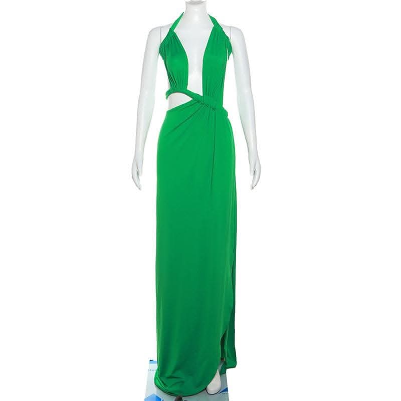 Halter irregular solid backless knotted ruched maxi dress-final-sale  | Festival Outfits Women