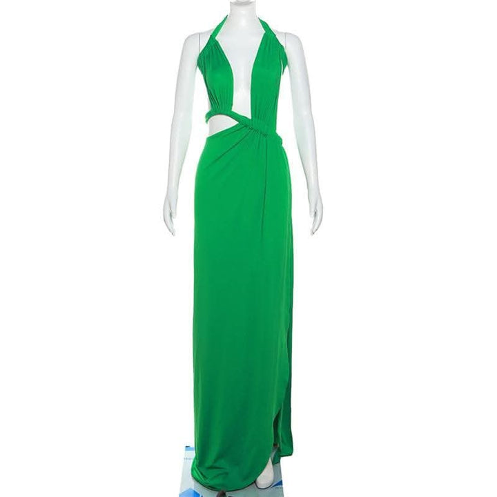 Halter irregular solid backless knotted ruched maxi dress-final-sale  | Festival Outfits Women