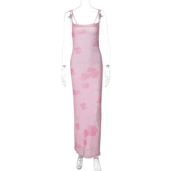 Print mesh knotted backless cami maxi dress  | Festival Outfits Women