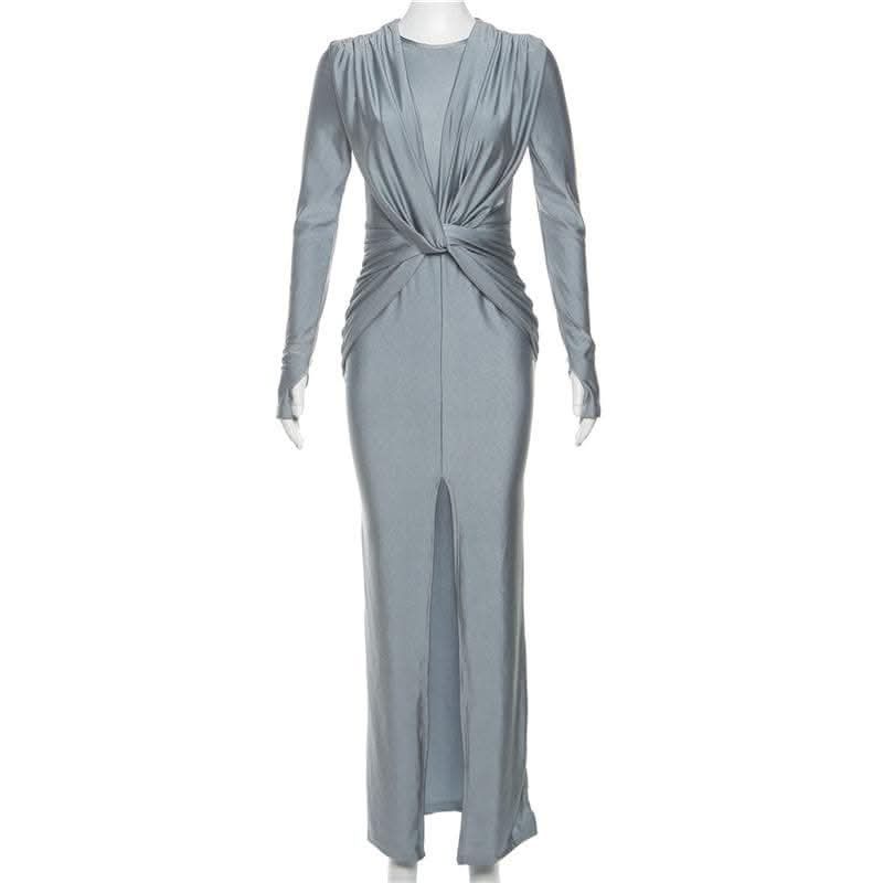 Knotted slit solid long sleeve ruched maxi dress-final-sale  | Festival Outfits Women