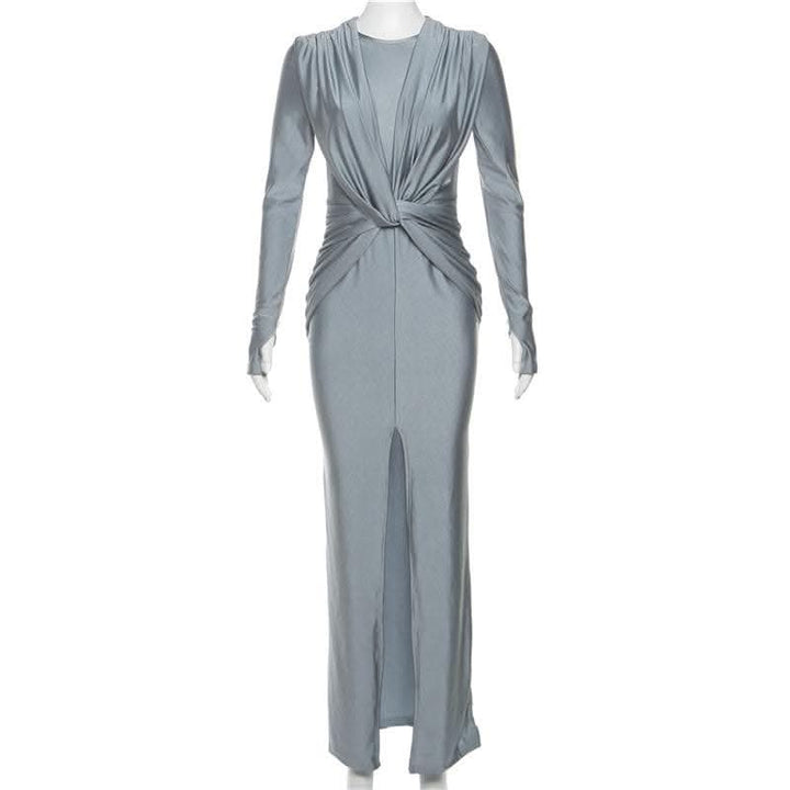 Knotted slit solid long sleeve ruched maxi dress-final-sale  | Festival Outfits Women
