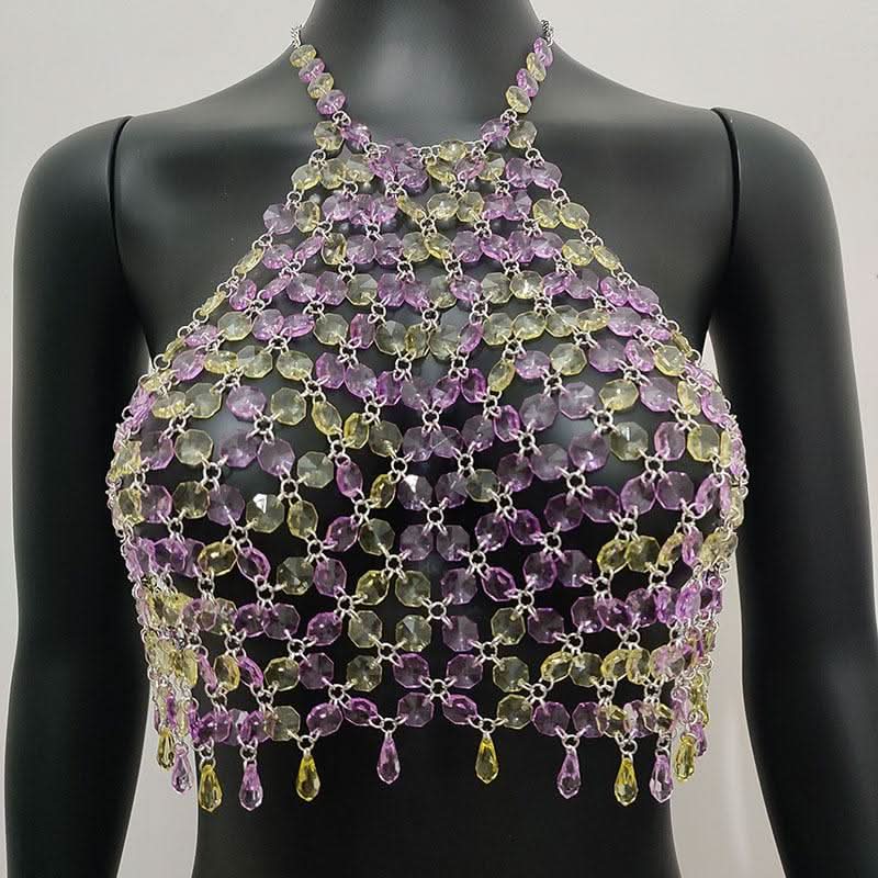 Halter hollow out crystal beaded crop cut out top  | Festival Outfits Women