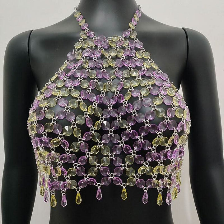 Halter hollow out crystal beaded crop cut out top  | Festival Outfits Women