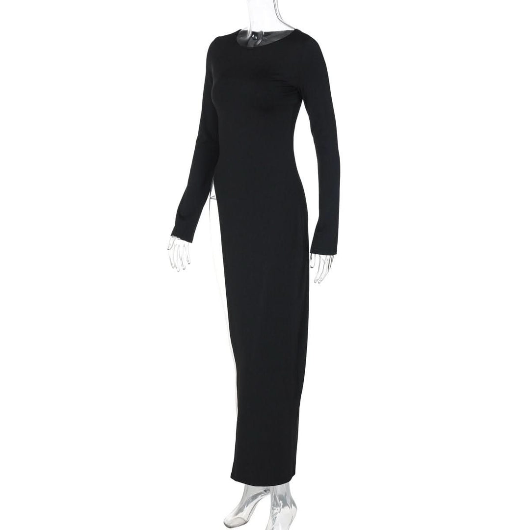 Long sleeve round neck slit solid maxi dress  | Festival Outfits Women