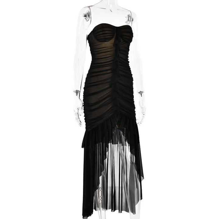 Sweetheart neck ruched ruffle tube midi dress-final-sale  | Festival Outfits Women