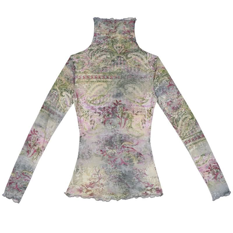 High neck long sleeve print ruffle contrast top  | Festival Outfits Women