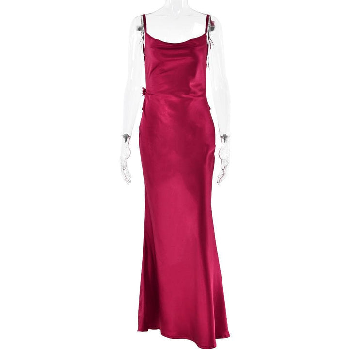 Cowl neck satin flower applique backless cami maxi dress  | Festival Outfits Women