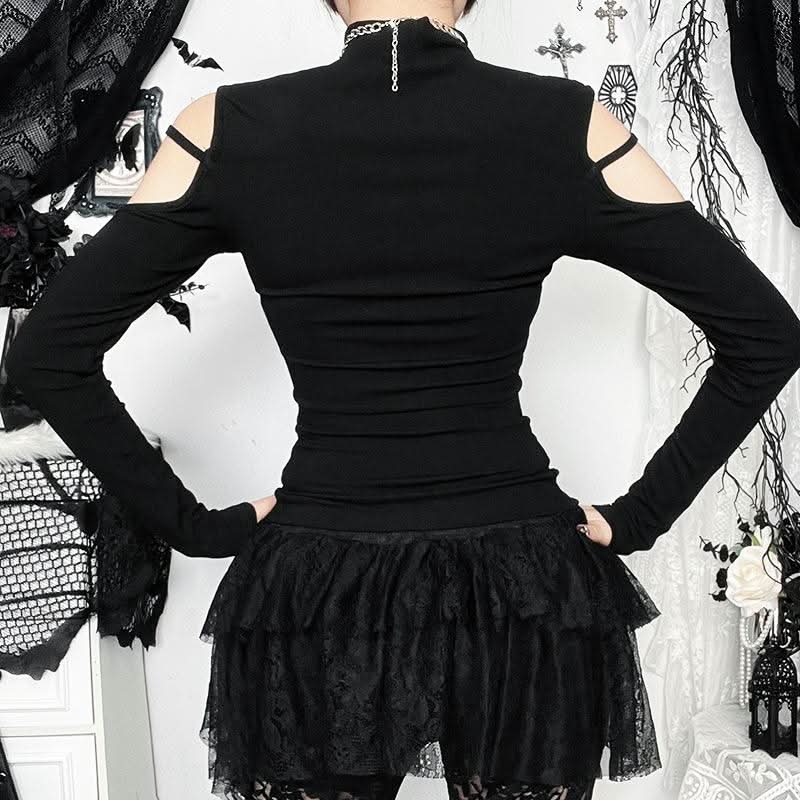 High neck long sleeve hollow out cross metal cut out top  | Festival Outfits Women