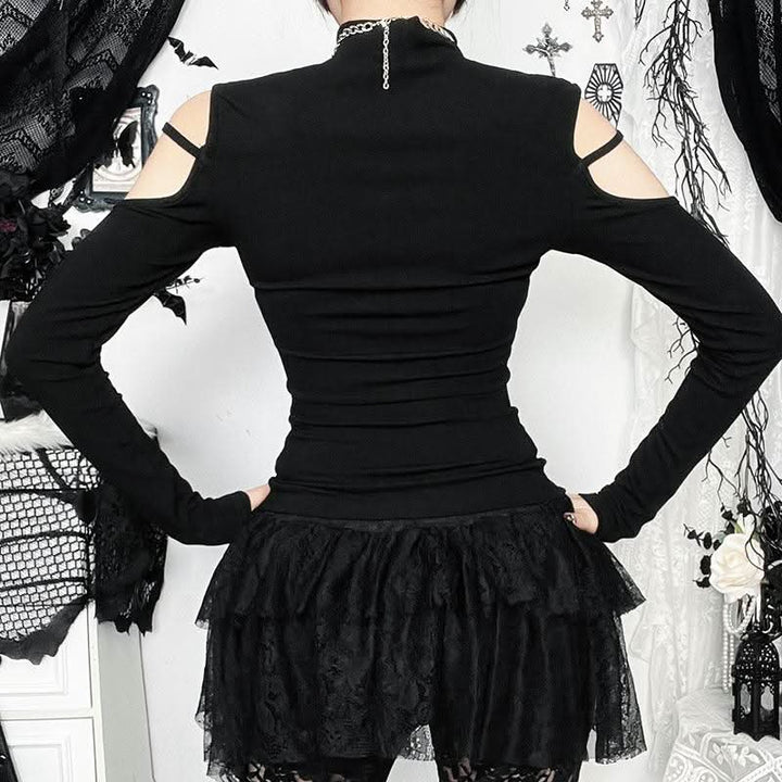 High neck long sleeve hollow out cross metal cut out top  | Festival Outfits Women