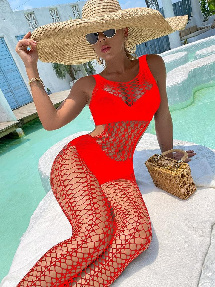 U neck sleeveless hollow out fishnet bodystocking  | Festival Outfits Women