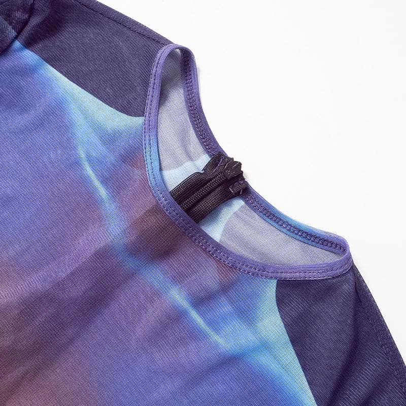 Long sleeve crewneck body print zip-up sheer mesh jumpsuit  | Festival Outfits Women