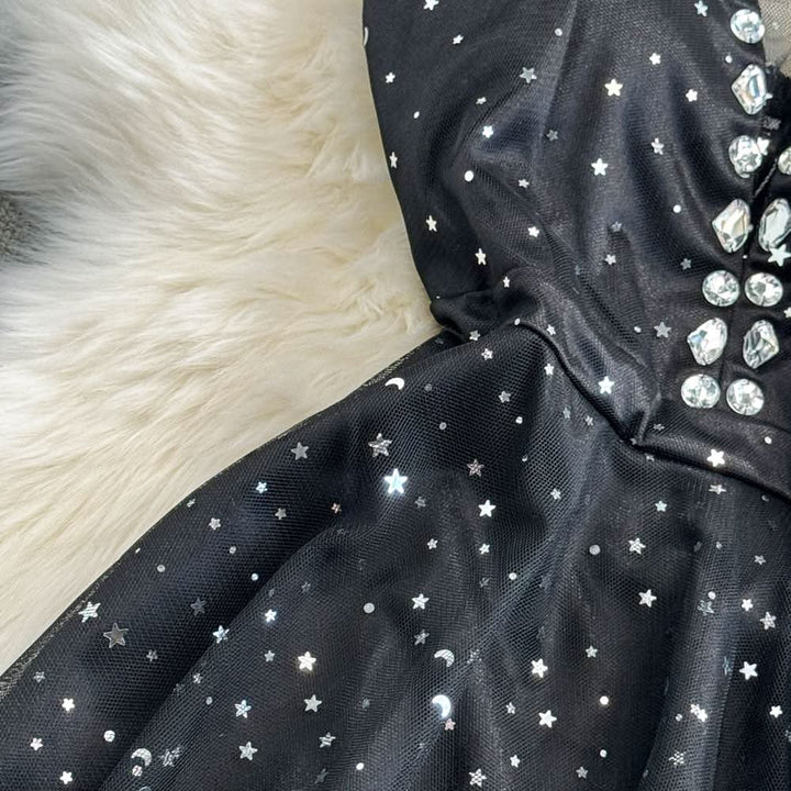 Sweetheart neck beaded glitter mesh mini dress  | Festival Outfits Women